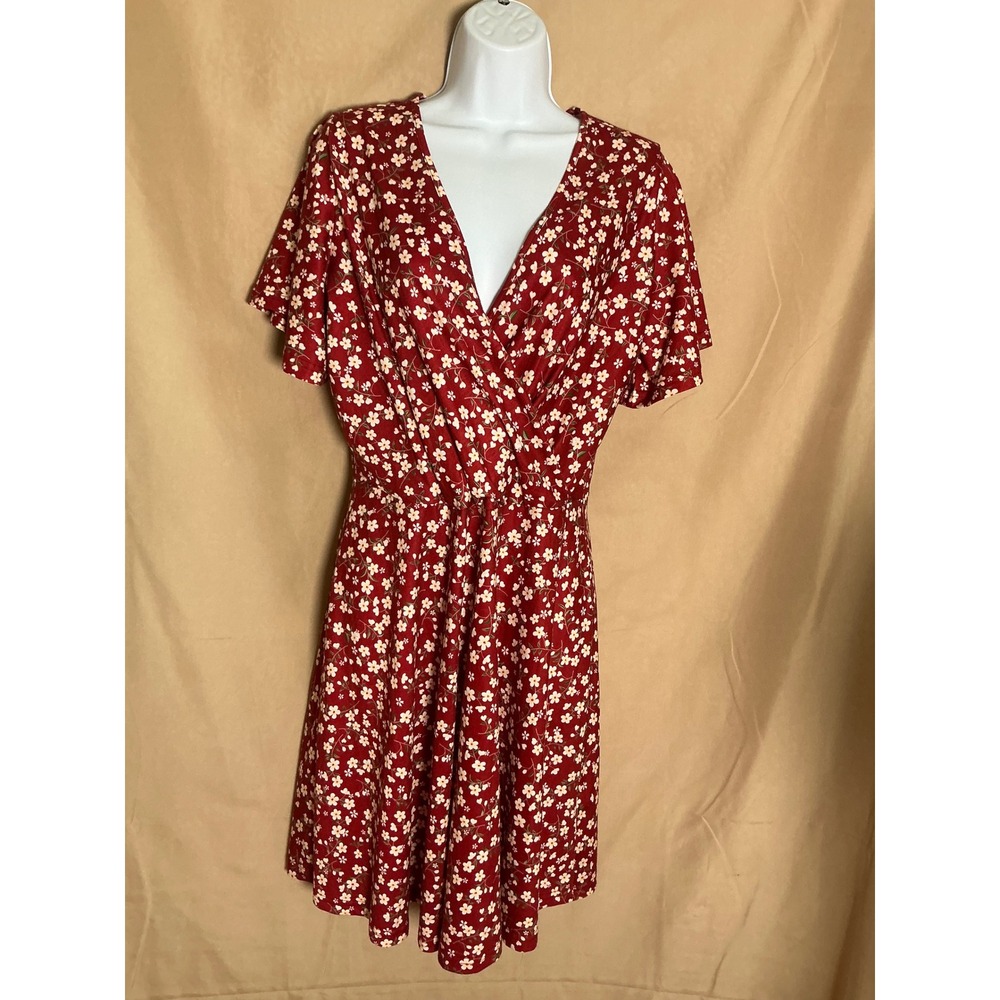 Fensace Floral Wrap Dress Womens Large Red Excellent Short Sleeve V-Neck Flare